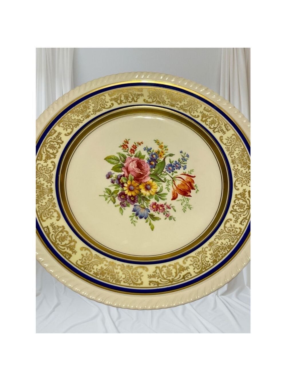 Old English Johnson Bros Floral Rose ornate metallic gold blue scalloped